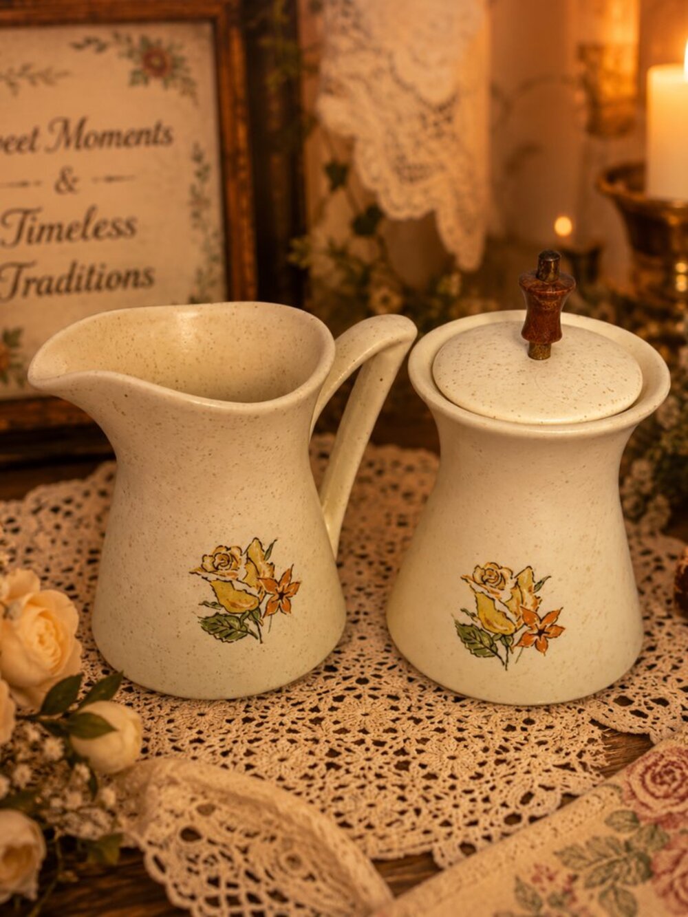 Vintage Retro Ceramic Creamer and Lidded Sugar Bowl Set with Floral Decals